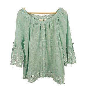 Westbound Green & White Stripe Eyelet Top, 3/4 Ruffled Sleeves, Size XL, Peasant